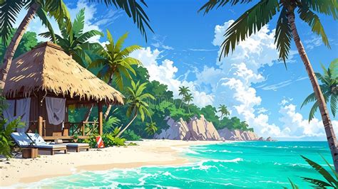 Ilustración de personajes de manga en un ambiente de playa tropical, con trajes de baño.