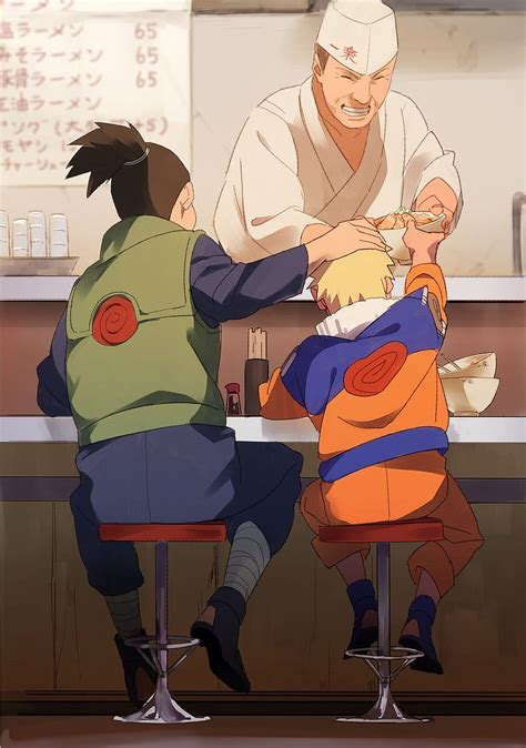 Naruto compartiendo un tazón de ramen con Iruka