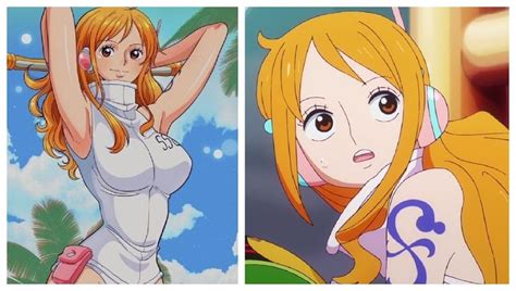 Ilustración que muestra la evolución de Nami a lo largo de la serie.
