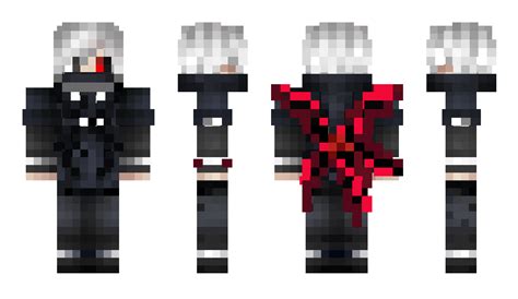 Diseño de skin de Kaneki Chica para Minecraft con cabello blanco y negro y atuendo oscuro.