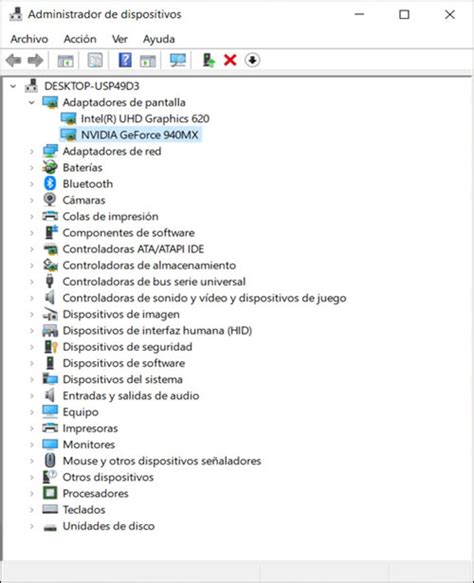 Interfaz de Administrador de Dispositivos en Windows 10