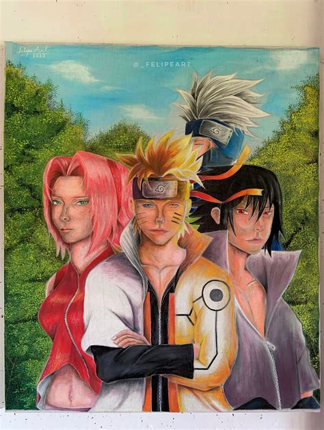 Ilustración del Equipo 7: Naruto, Sasuke y Sakura con Kakashi