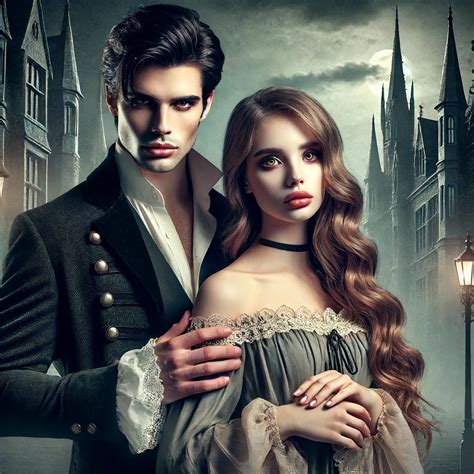 Pareja de vampiro y humana en un ambiente gótico