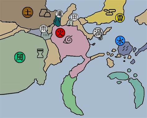 Mapa de las Cinco Grandes Aldeas Ninja en el mundo de Naruto.