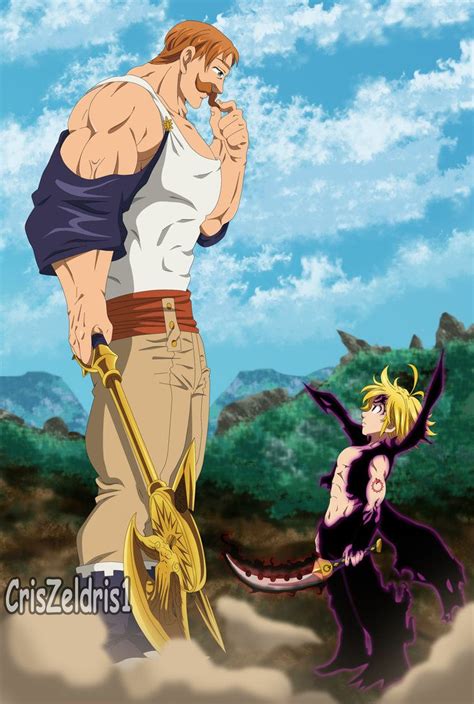 Ilustración de Meliodas y Escanor preparándose para luchar