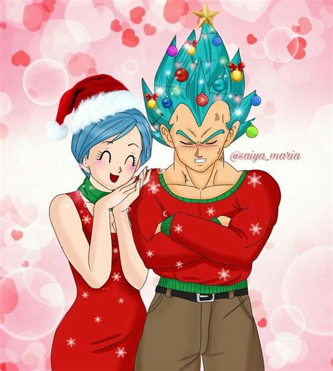 Ilustración de Bulma y Vegeta intercambiando regalos navideños