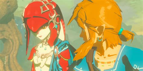 Link y Mipha compartiendo un beso junto a una cascada