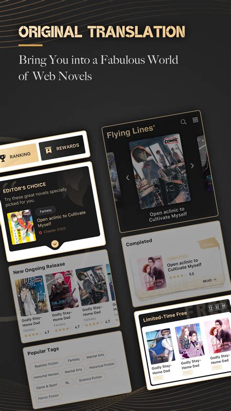 Pantalla de inicio de Flying Lines+ mostrando portadas de novelas BL