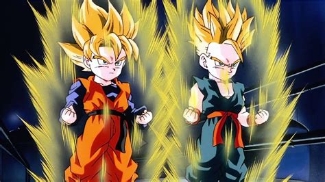 Imagen de Trunks y Goten jugando juntos.