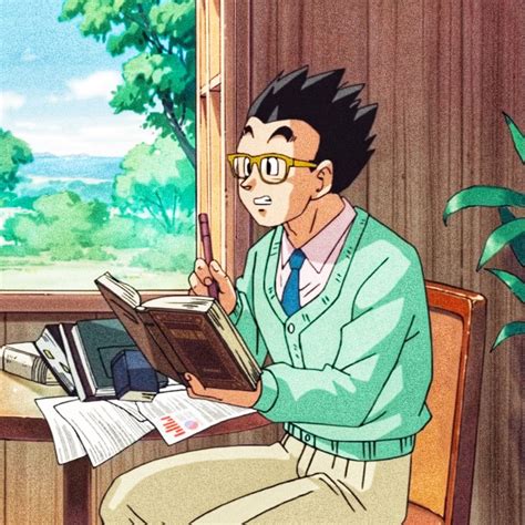 Ilustración de Gohan escribiendo su libro 
