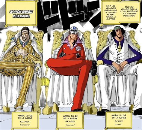 Ilustración de los tres Almirantes de la Marina, usuarios de Frutas Logia