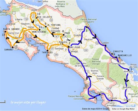 Mapa de Costa Rica con rutas de envío