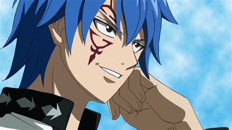 Jellal Fernandes con cabello azul y tatuaje rojo