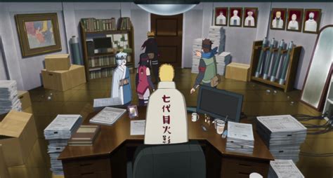 Naruto trabajando frenéticamente en su escritorio como Hokage.