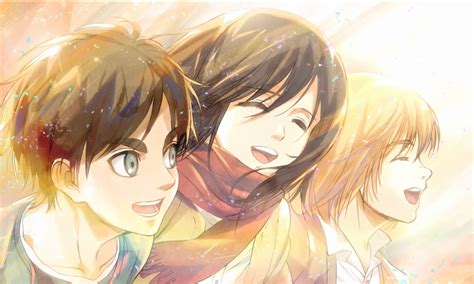 Ilustración de Eren Jäger, Mikasa Ackermann y Armin Ariert