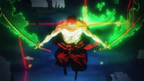Representación de Roronoa Zoro en batalla con sus tres espadas