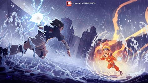 Naruto y Sasuke en el Valle del Fin, listos para su batalla final.