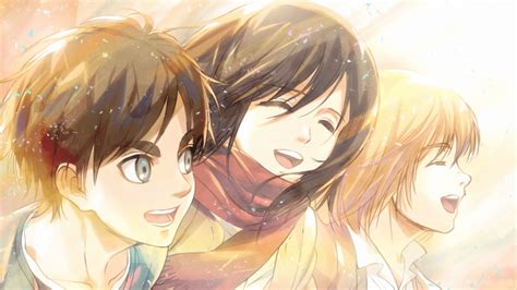 Ilustración de Eren, Mikasa y Armin con el emblema de las Alas de la Libertad