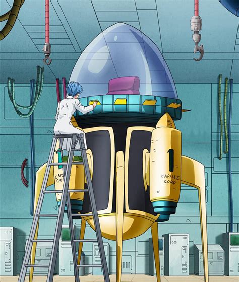 Bulma trabajando en su laboratorio con planos