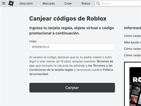 Captura de pantalla de la interfaz de canje de códigos en Roblox