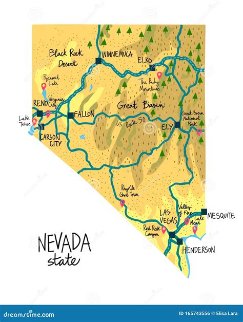 Mapa de Nevada con puntos de interés marcados.