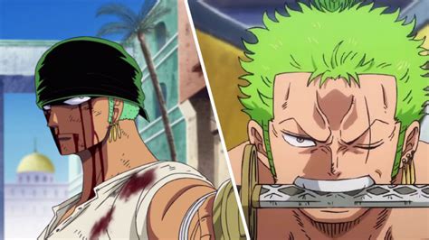 Comparativa del físico de Roronoa Zoro antes y después del salto temporal.