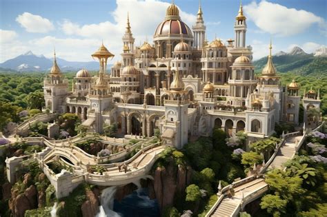 Palacio flotante en las nubes con habitantes alados