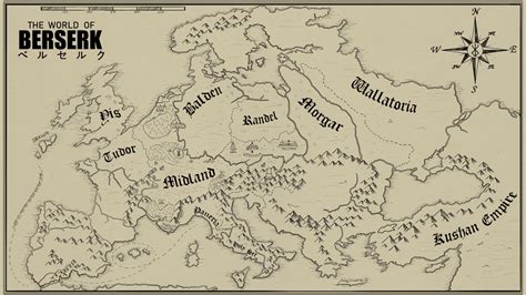 Mapa del mundo de Berserk con ubicaciones clave como Elfhelm, Falconia y la Torre de la Condena.