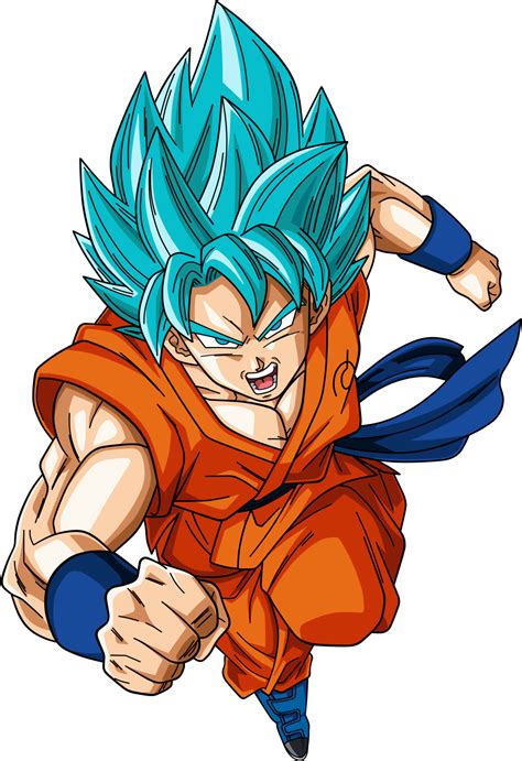 Goku Super Saiyan God en pose de ataque sobre fondo blanco