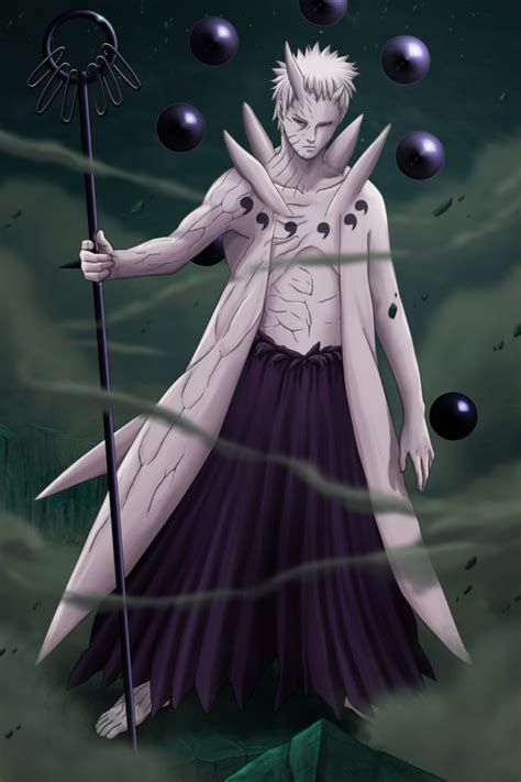 Obito Uchiha como Jinchūriki del Diez Colas, rodeado de estacas de madera