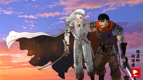Ilustración de Griffith y Guts en combate