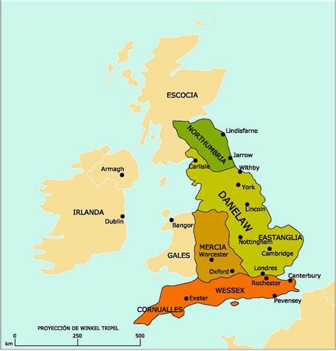 Mapa de la Inglaterra medieval con rutas vikingas