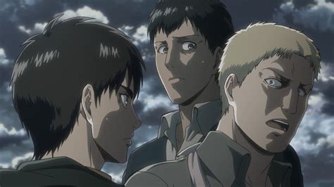 Reiner y Bertolt conversando con Eren antes de la revelación