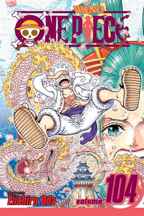 Portada del volumen 104 de One Piece con Luffy Gear 5 y Momonosuke