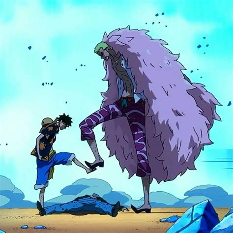 Doflamingo y Trébol confrontando a Luffy y Law