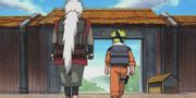 Jiraiya parte de Konoha con Naruto