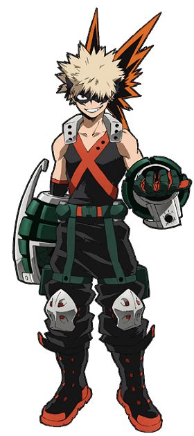 Esquema del traje de héroe de Bakugo mostrando sus equipamientos