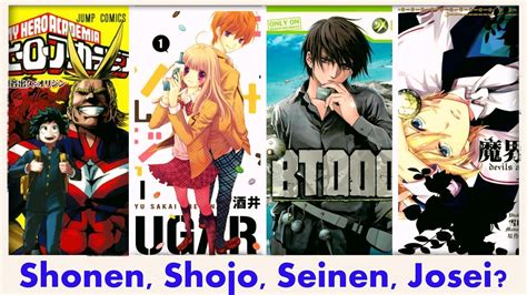 Infografía comparando géneros de manga: Shonen, Shojo, Seinen, Josei, Ecchi, Hentai