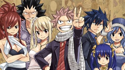 Ilustración grupal de los miembros principales del gremio Fairy Tail