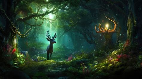 Un personaje explorando un bosque místico con criaturas fantásticas acechando en las sombras.