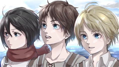 Eren Yeager, Mikasa Ackerman y Armin Arlert en uniforme del Cuerpo de Exploración