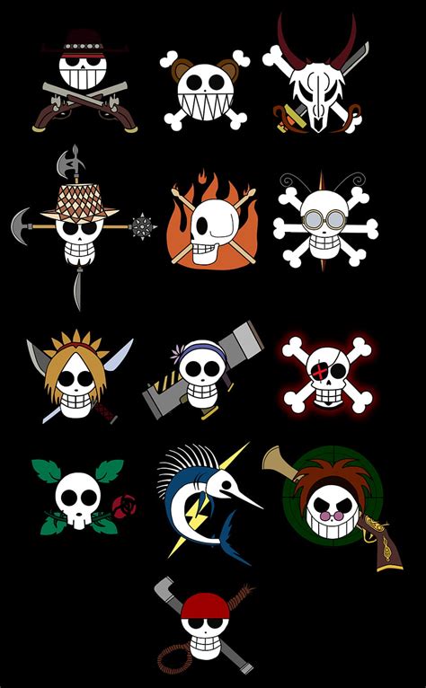 Ejemplos de Jolly Roger de diferentes bandas piratas de One Piece