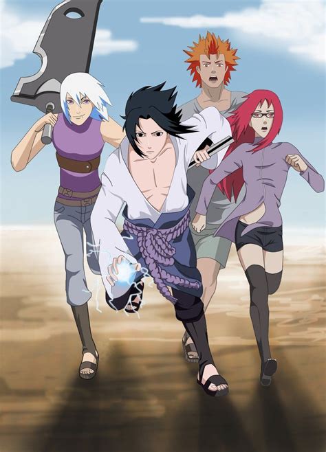 El equipo Hebi: Sasuke, Suigetsu, Karin y Jugo