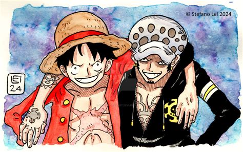 Ilustración de Trafalgar Law y Monkey D. Luffy formando una alianza.