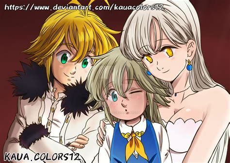 Ilustración de Meliodas y Elizabeth con su hijo Tristan