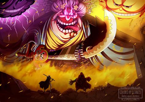 Ilustración de Trafalgar Law y Eustass Kid atacando a Big Mom
