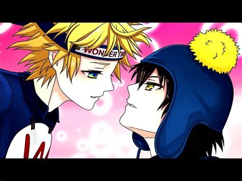 Representación estilo manga de Tweek y Craig en actitud yaoi