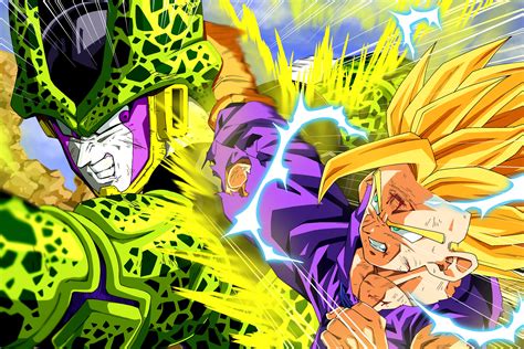 Gohan Super Saiyan 2 atacando a Cell