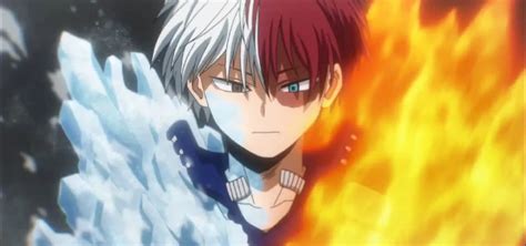 Shoto Todoroki con sus poderes de fuego y hielo