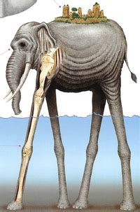 Ilustración del elefante Zunesha con la isla Zou sobre su lomo